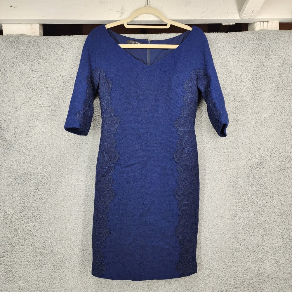 Lafayette 148 New York Navy Blue Lace Applique Sheath Dress Size 4 V-Neck